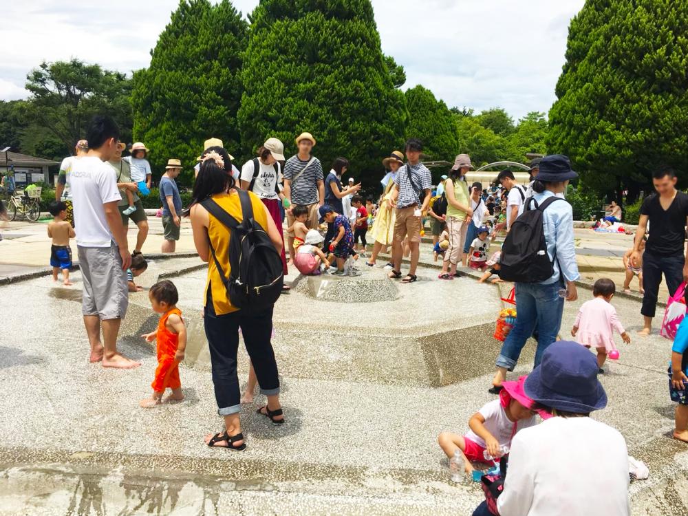 噴水から出た水が小川を流れる。