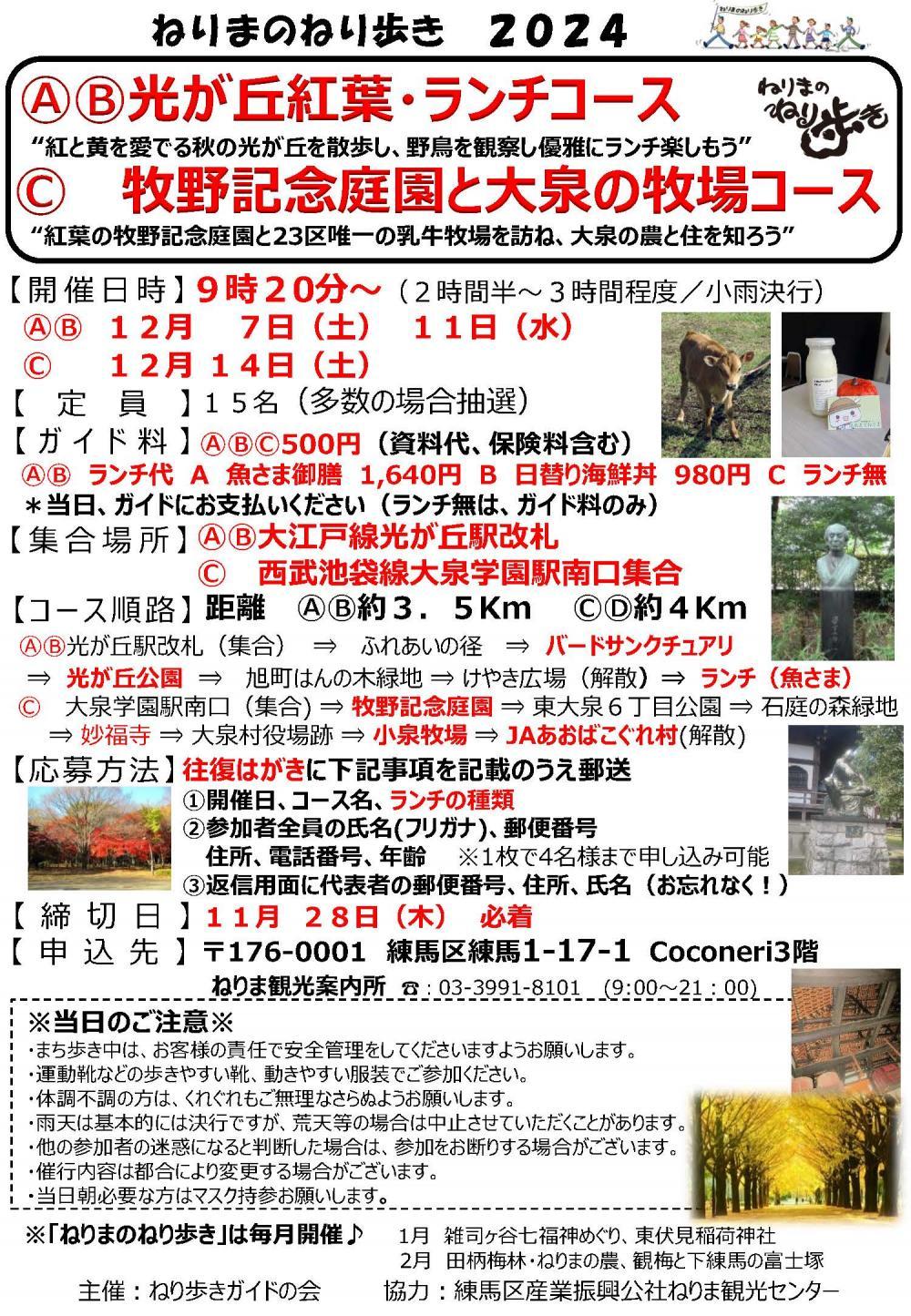 【終了しました】ねりまのねり歩き「ⒶⒷ光が丘紅葉・ランチコース」「Ⓒ 牧野記念庭園と大泉の牧場コース」【申込締切11 月28日(木）】